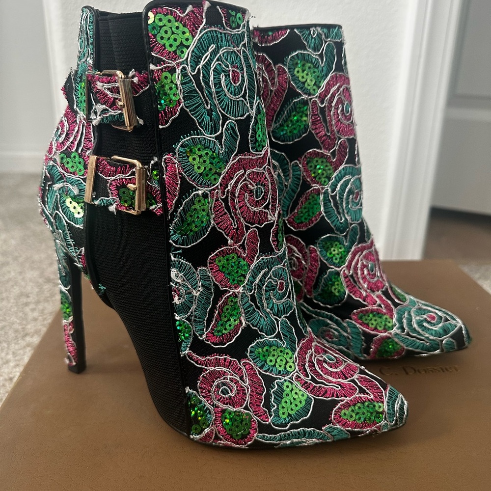 Privileged Embroidered Ankle Boots with Pink and Green Accents